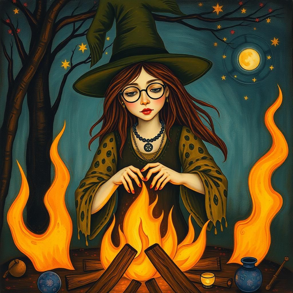 Mystical Bohemian Witch Equinox Ritual in Art Brut Style