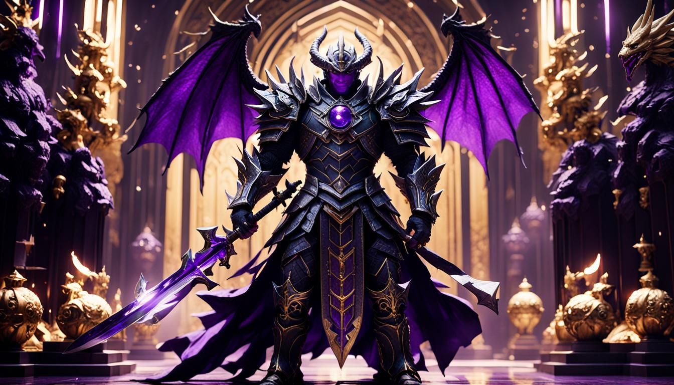 Dragon Knight in Black Armor with Fiery Sword