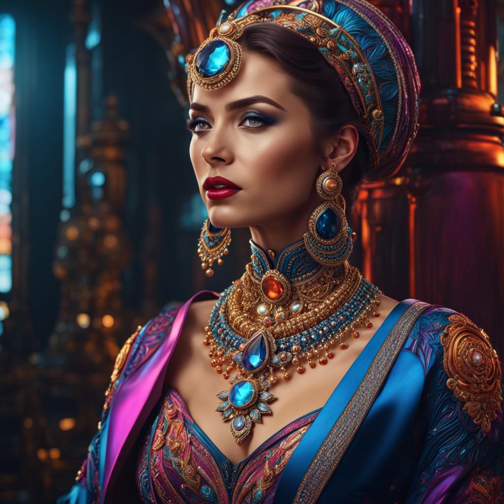 Hyperrealistic Woman in Colorful, Detailed Attire