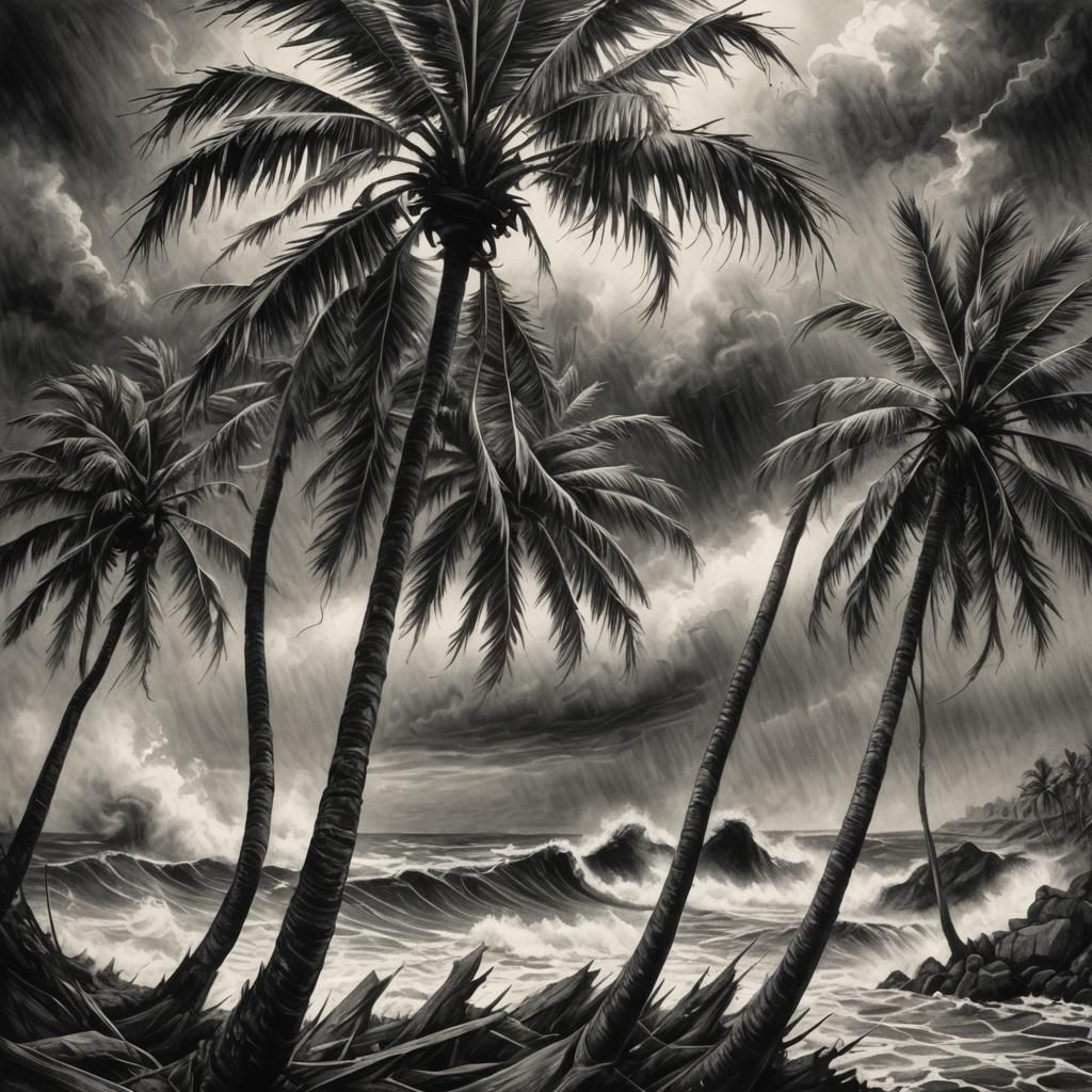 Charcoal Drawing of Palm Trees in Hurricane Winds