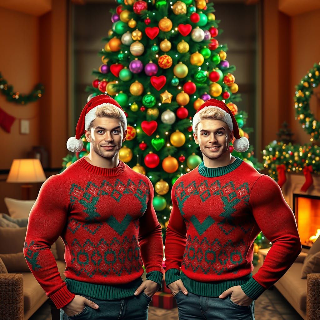 Chiseled Men Pose in Festive Christmas Wonderland