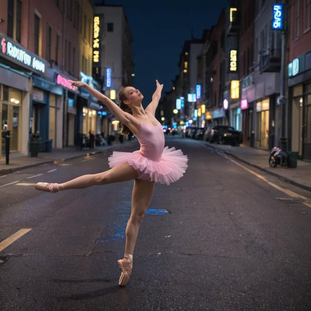 Ballerina's Jeté Leap on Busy City Street