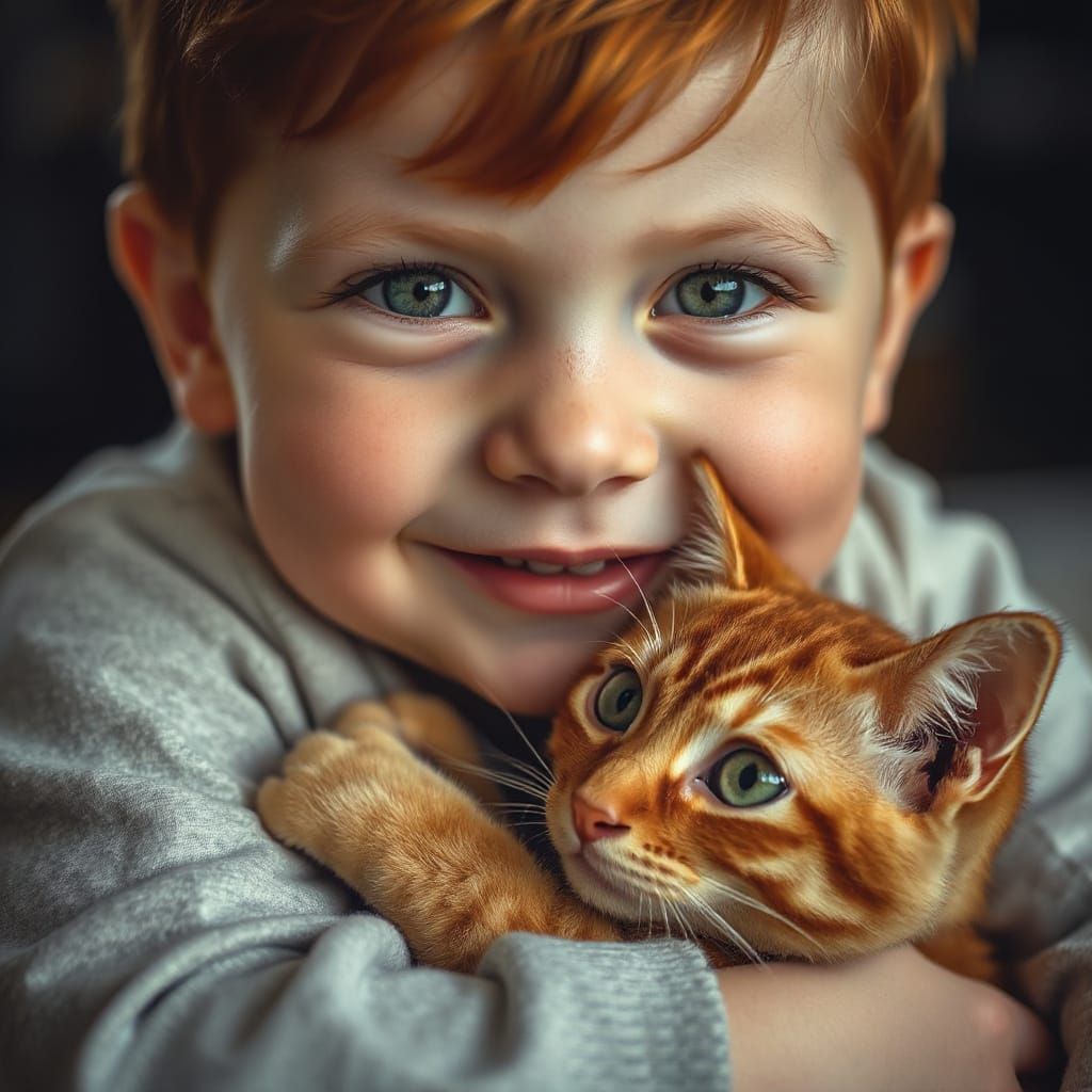 Charming Toddler Boy with Ginger Cat in Warm, Ambient Light