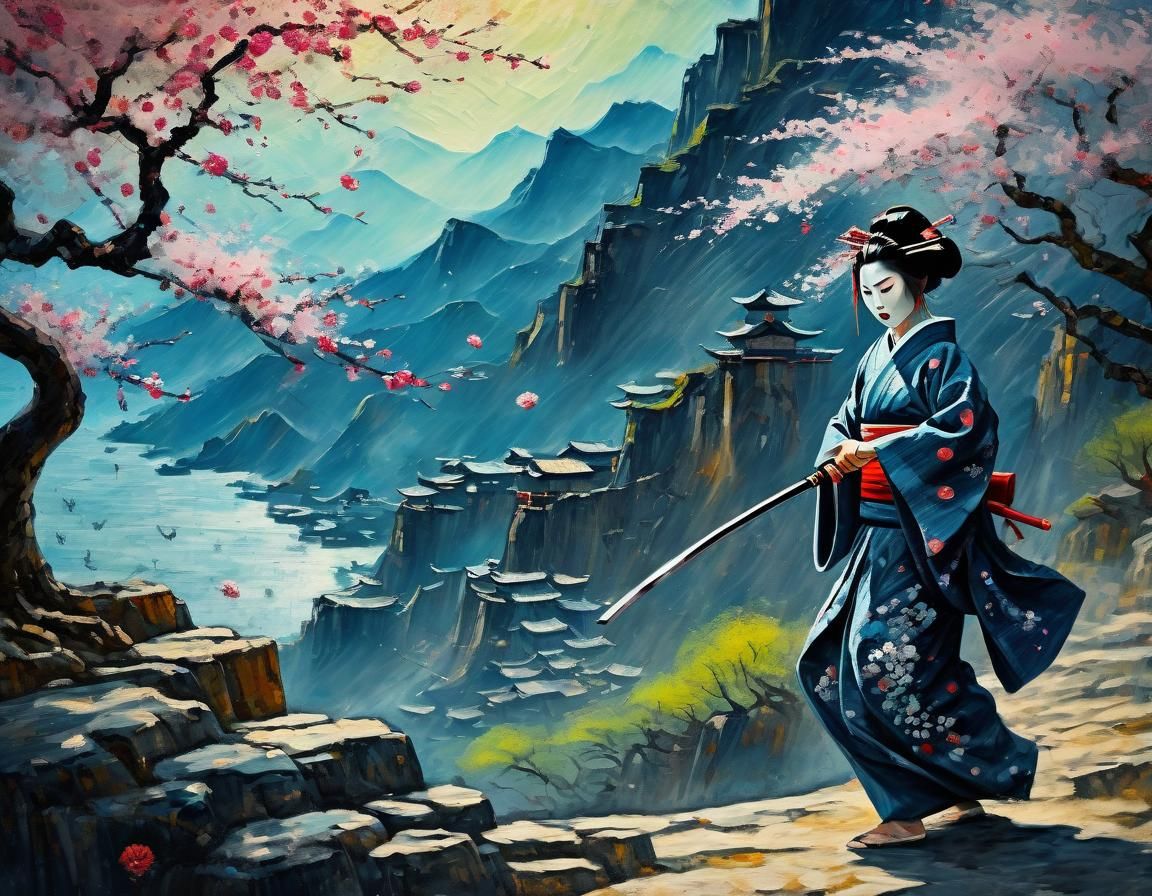 Geisha Martial Artist: Oil Painting with Grunge Texture