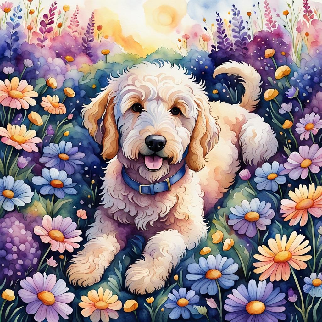 Golden Doodle in Flower Field: Watercolor Fantasy