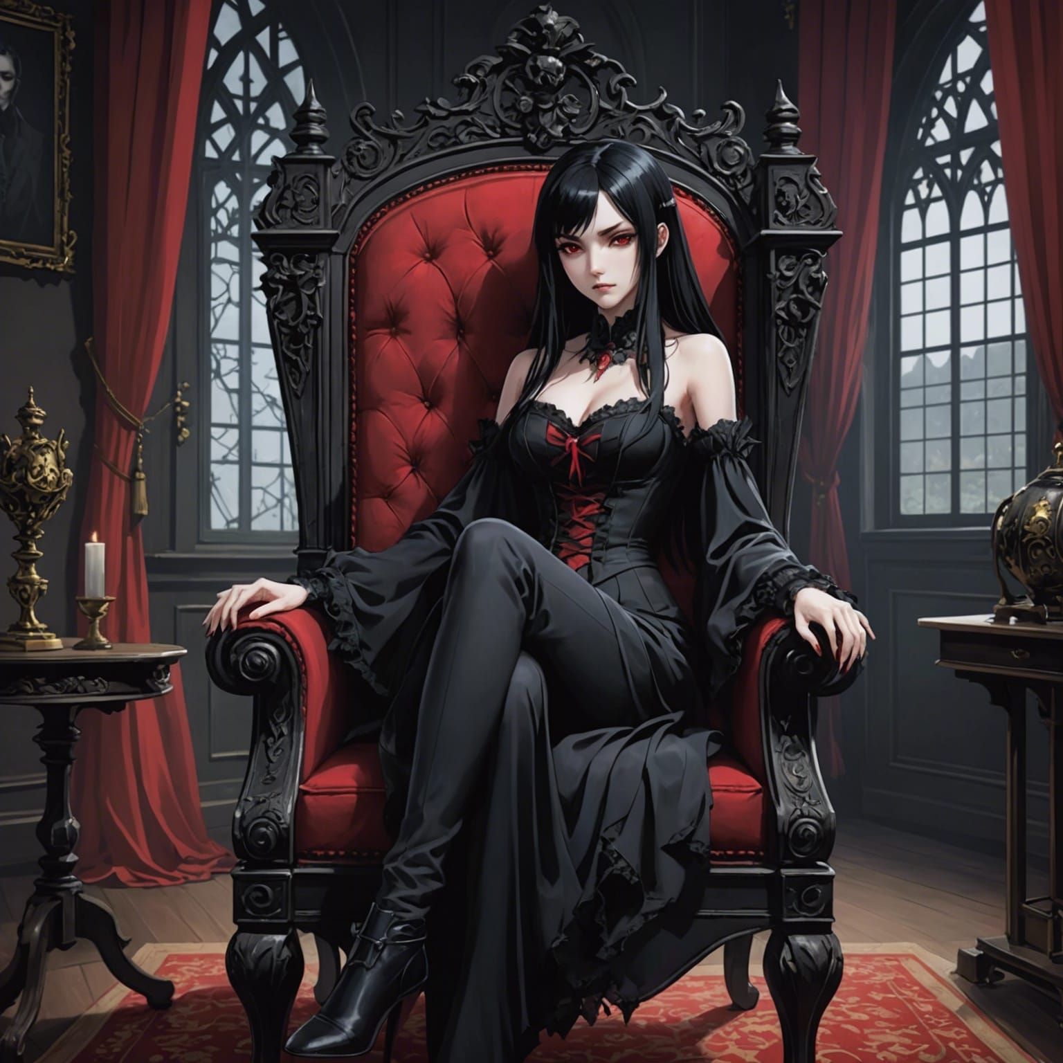 Anime Vampire Woman in Gothic Setting