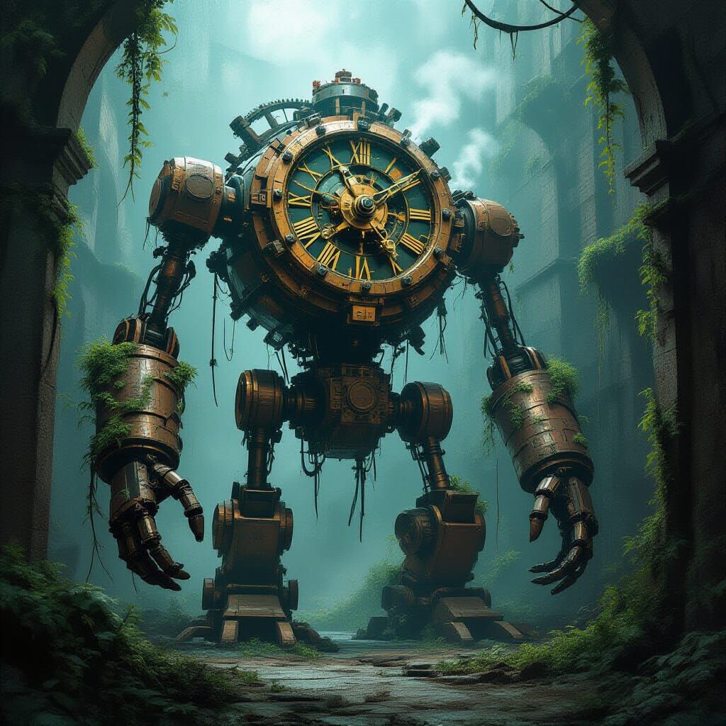 Ancient Clockwork Giant in Overgrown City