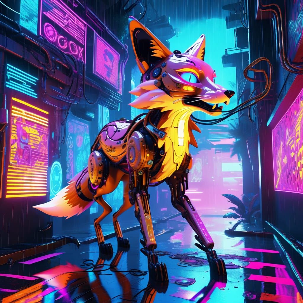 Cybernetic Fox in Neon Alleyway - Glitch Art Style