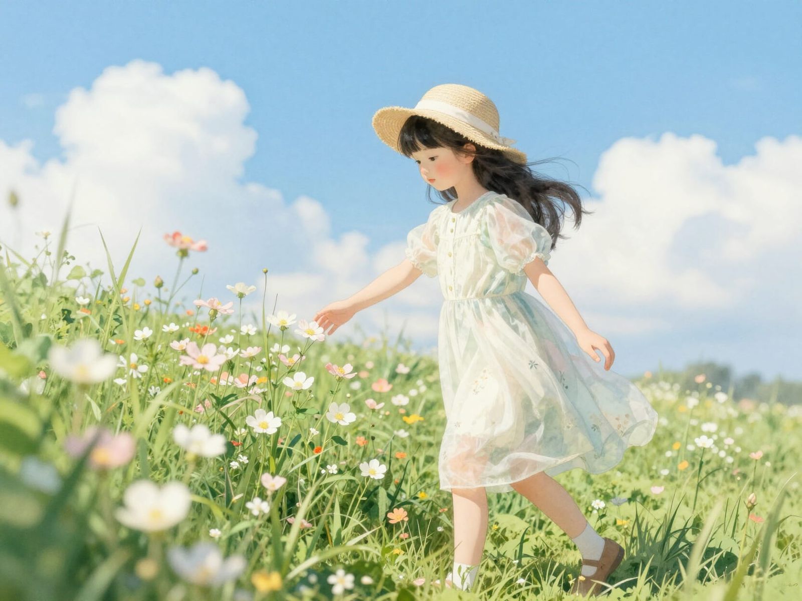 Japanese Girl in Spring Flowers Watercolor Style