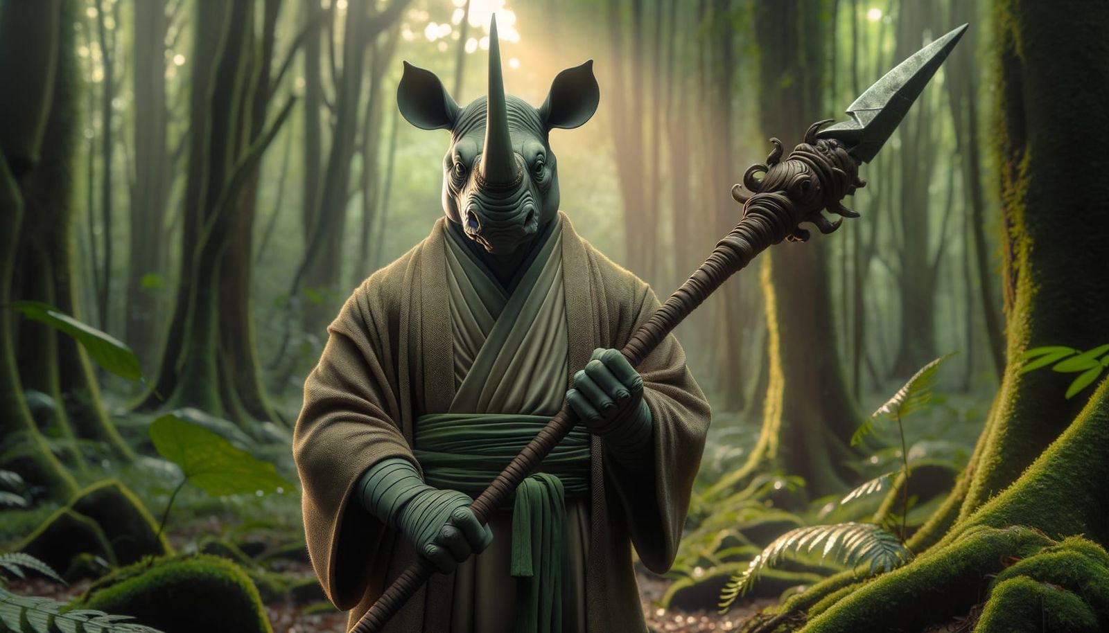 Rhino Warrior Monk in Forest with Pike