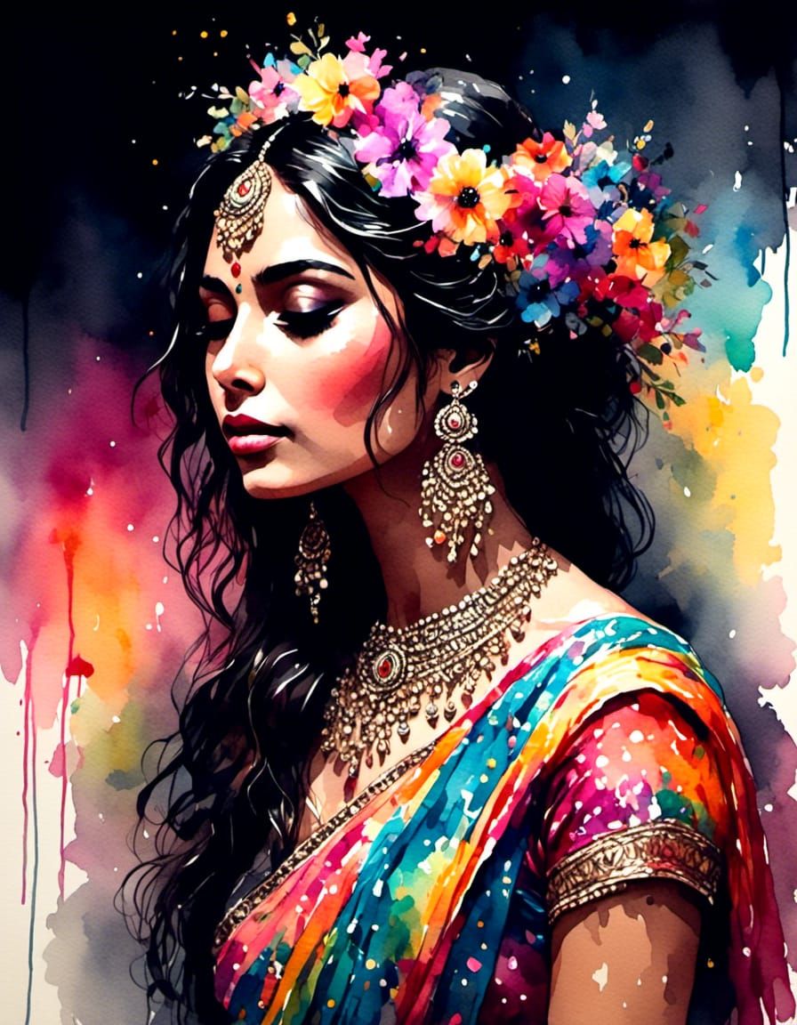 Shy Indian Bride in Sequins Saree: Digital Art