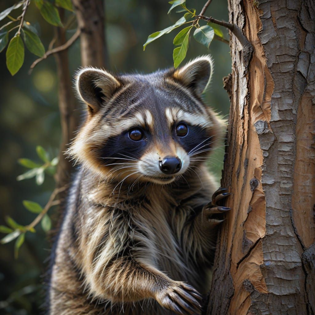 Wild Raccoon Dangling from Tree in Whimsical Mixed Media Art