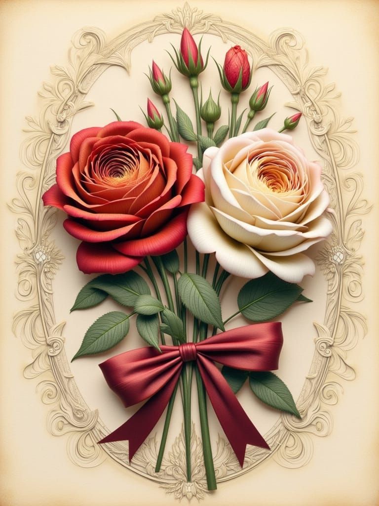 Roses in Vintage Illustrative Style Still Life