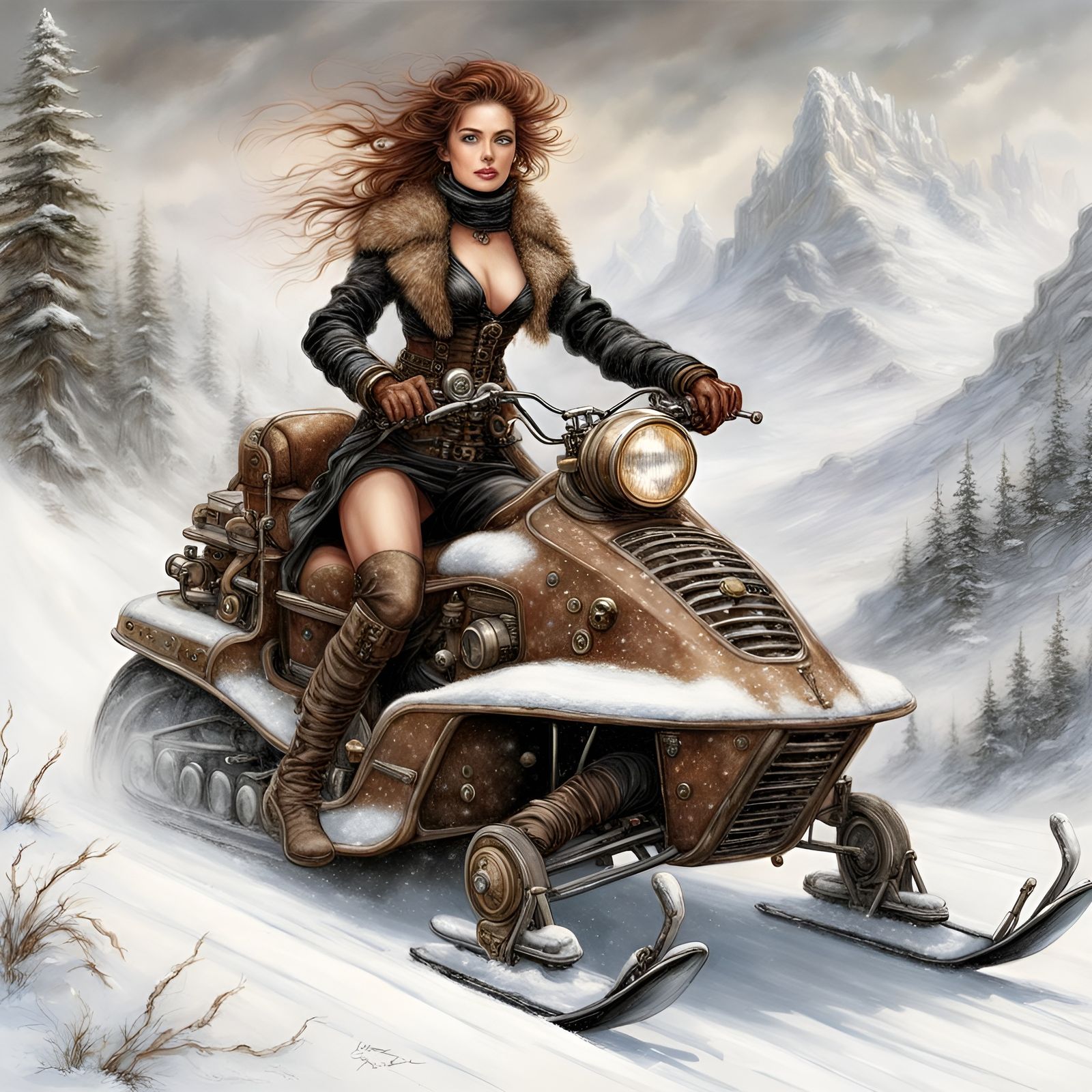 Steampunk Adventuress Snowmobile Ride: Hyperrealistic Image