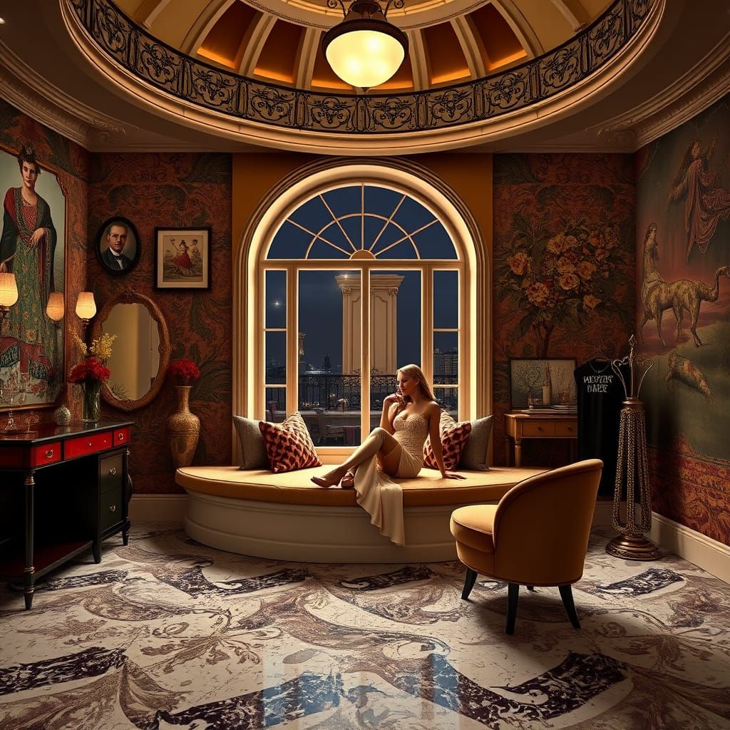 Luxurious Art Deco Room with Woman on Bench