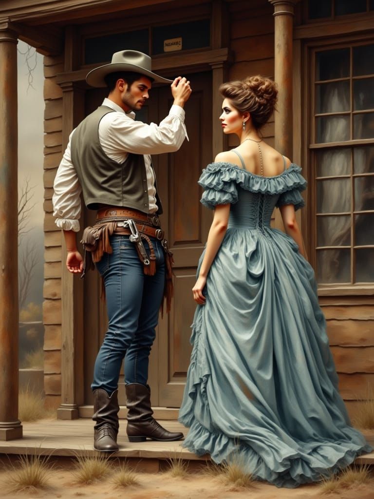 Cowboy Greets Woman Outside Marshal's Office in Antique Wate...