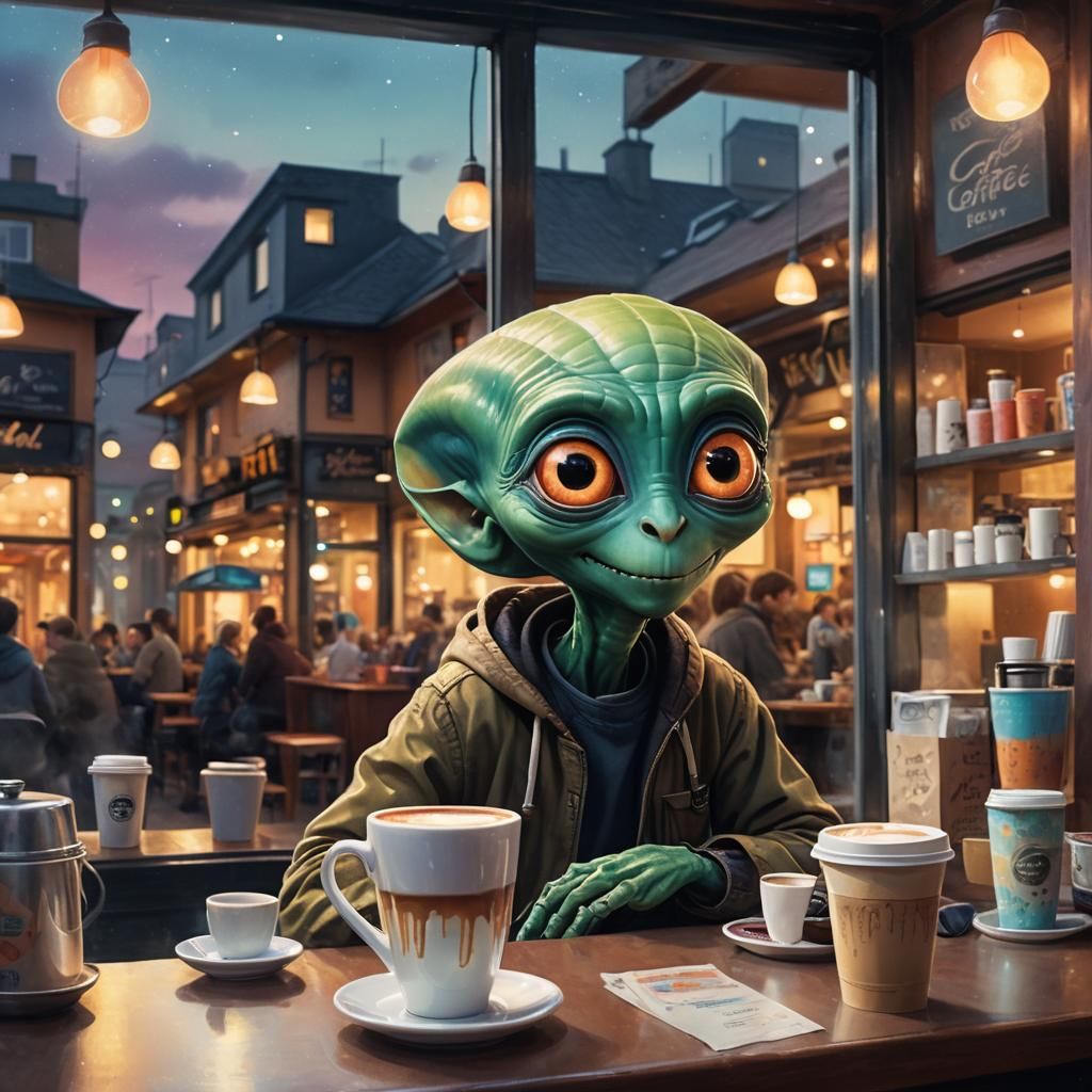 Cheeky Alien Peeks into Coffee Shop Window