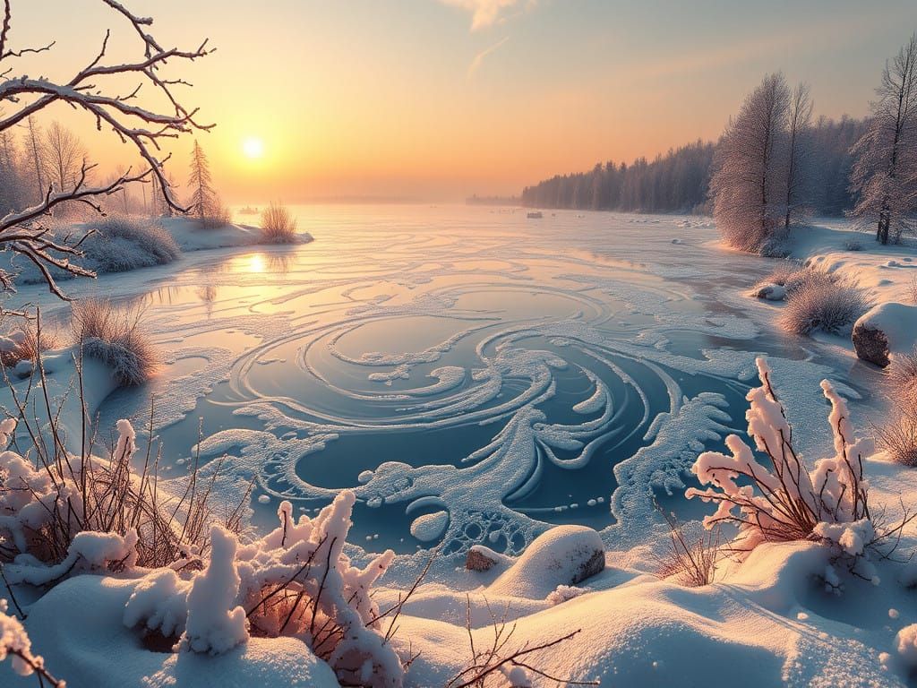 Ethereal Winter Landscape with Swirling Fractal Ice Crystals