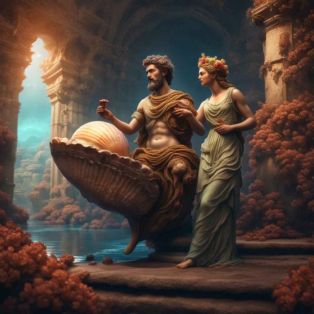 Venus Flirting with Dionysus in Shell, Digital Art