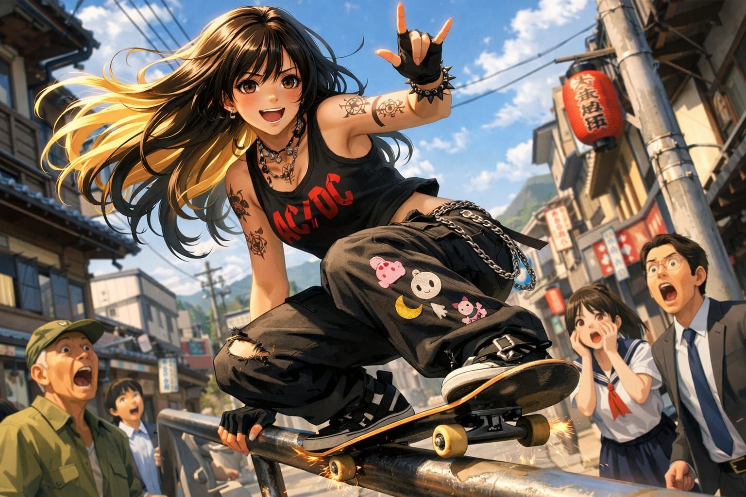Skater Girl Grinding in Sunny Japan Town, Anime Style