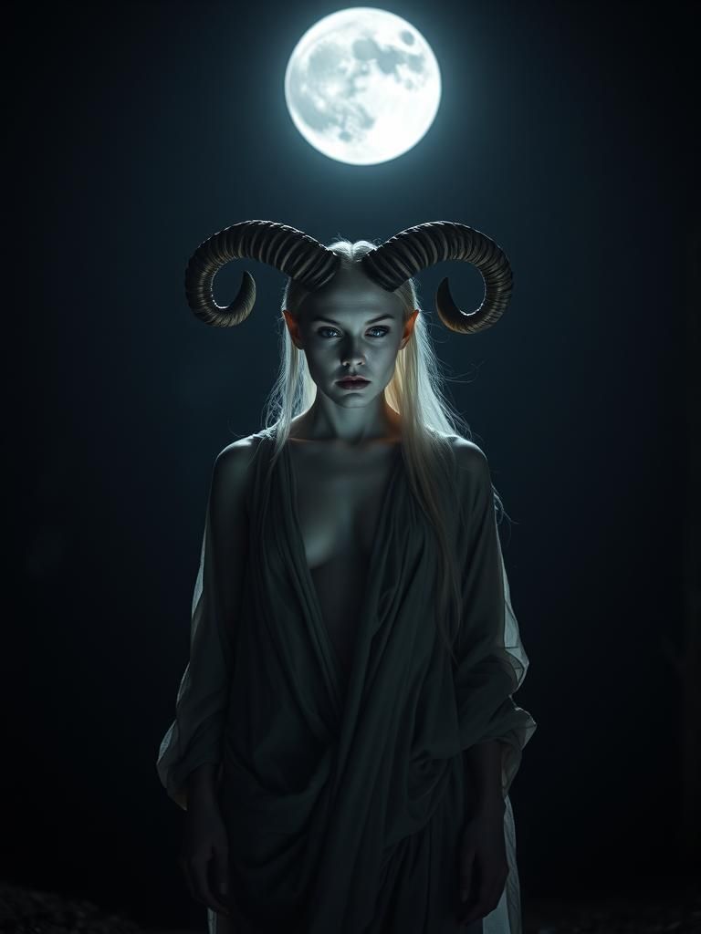 Moonlit Horned Woman in Shadowy Forest