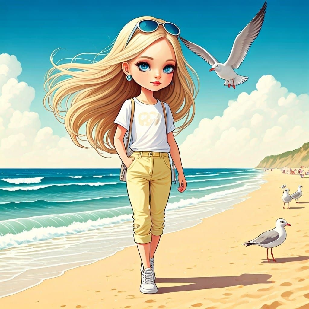 Girl on Beach in Art Nouveau Style