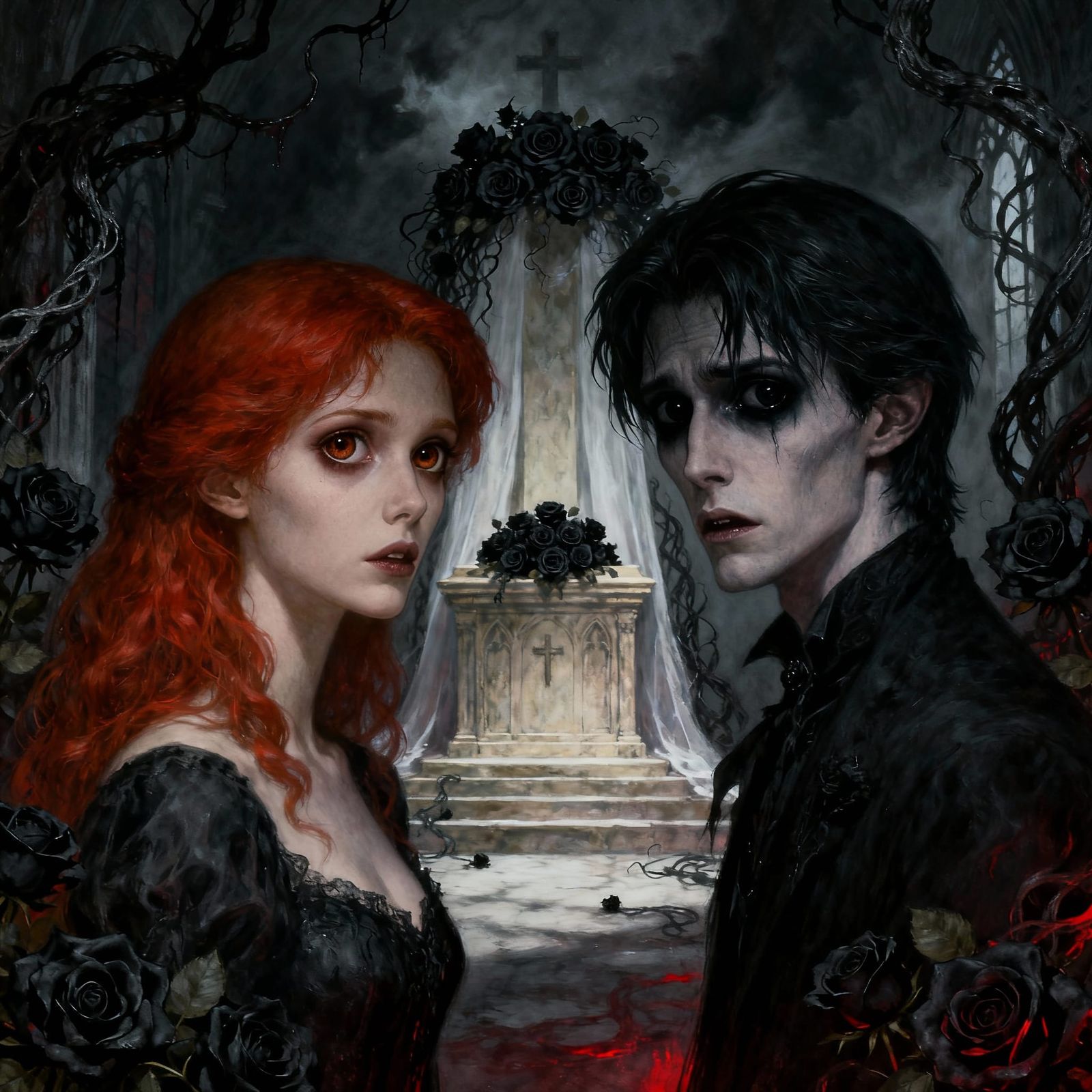 Gothic Couple's Fearful Gaze at Dark Altar