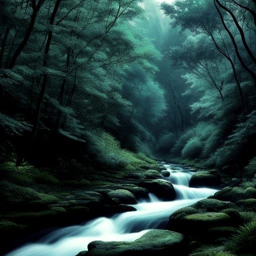 Mystical River Through an Enchanted Forest in Dark Rich Tone...