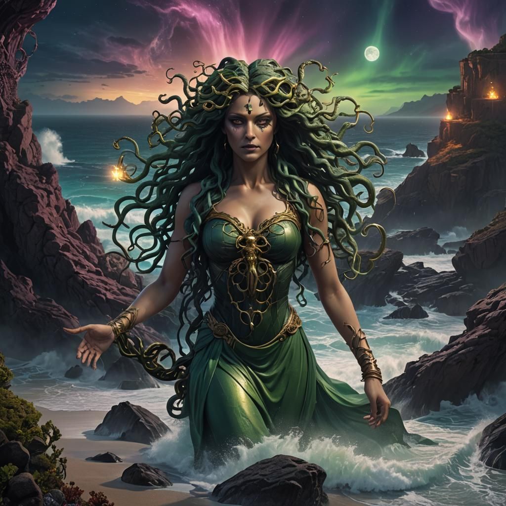 Gothic Medusa in Moonlit Seascape