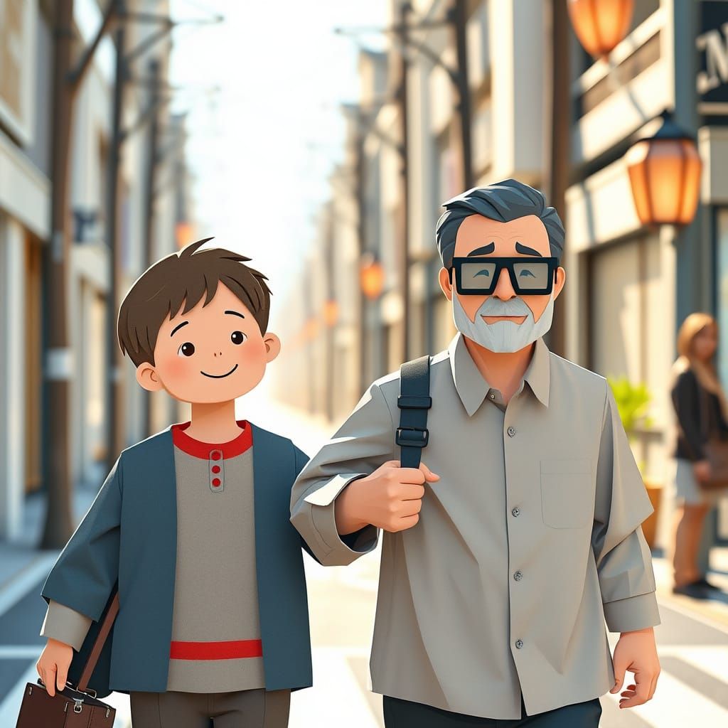 Boy Guides Blind Man with Pure Kindness in Origami Style