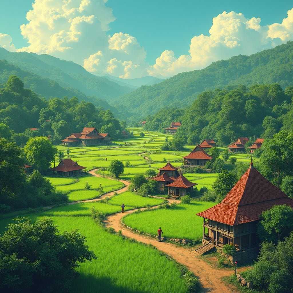 Dreamlike Village Scene Inspired by Ash Thorp