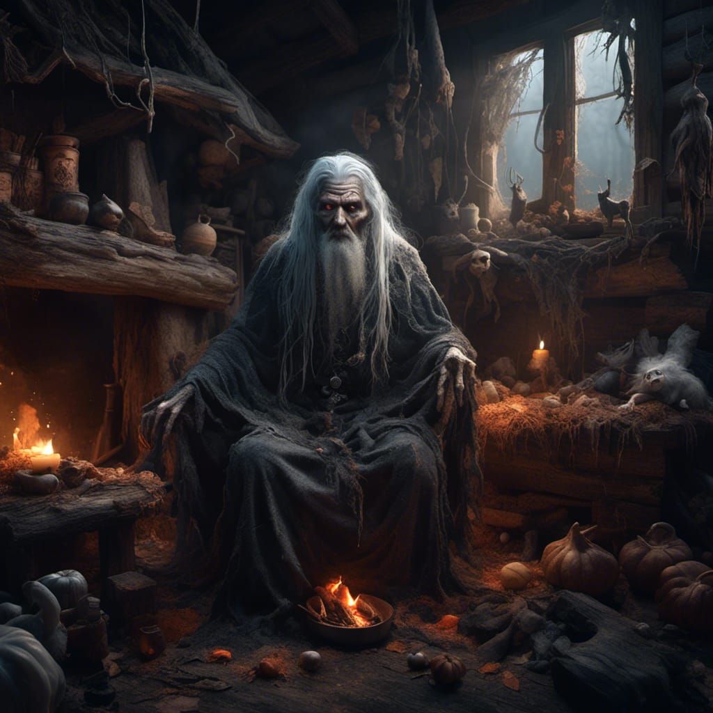 Demonic Witch in Log House: Detailed Matte Painting