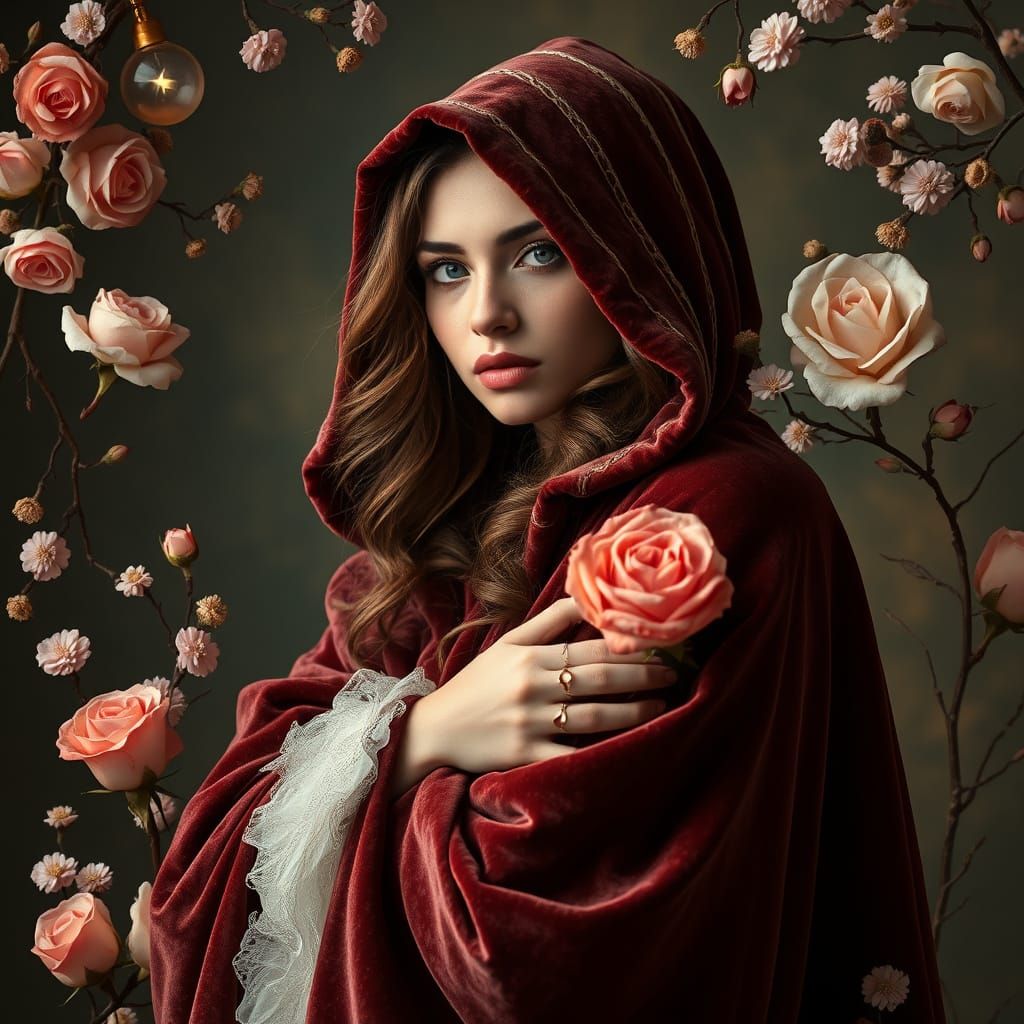 Fairytale Woman in Velvet Cloak with Citrus and Florals