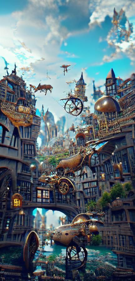 Steampunk Fantasy City with Flying Vehicles, 8K