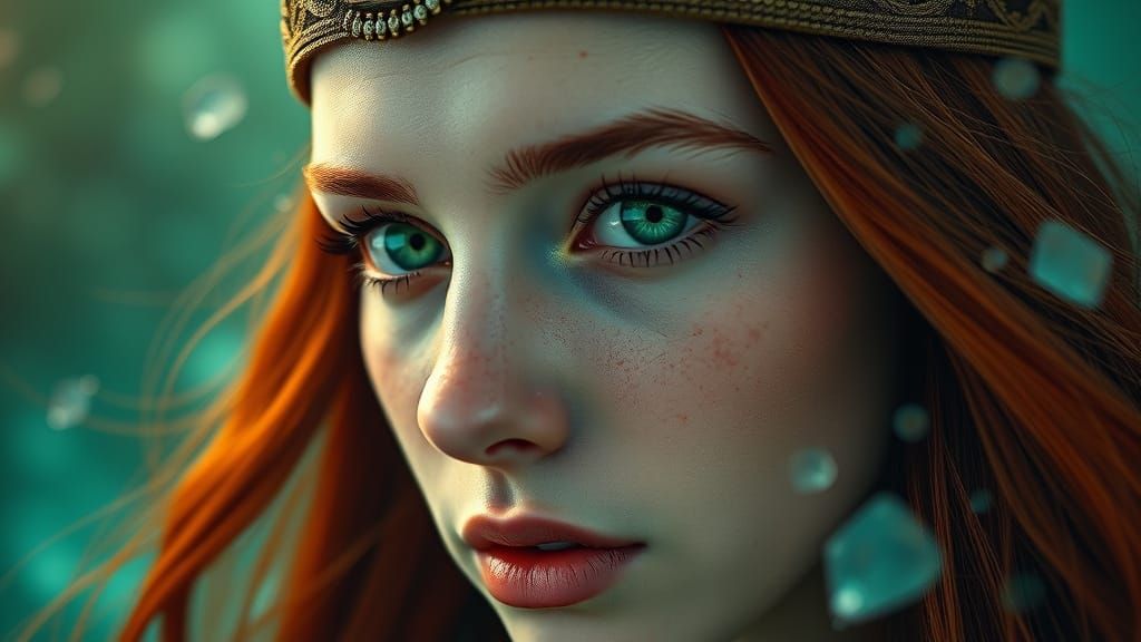 Ethereal hyperrealistic portrait of a hippie woman with emerald green eyes (eyes::1.5), ultra-detailed fractal patterns ...