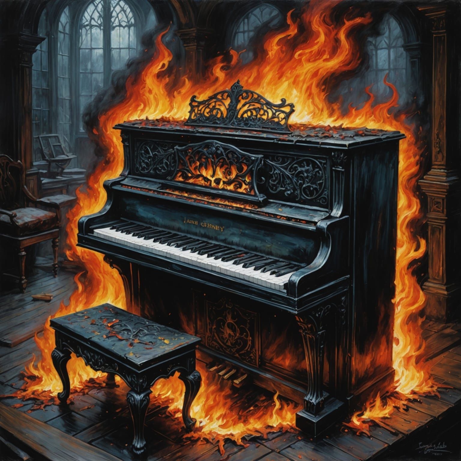 Burning Piano: Gothic Oil Painting in Academic Art Style