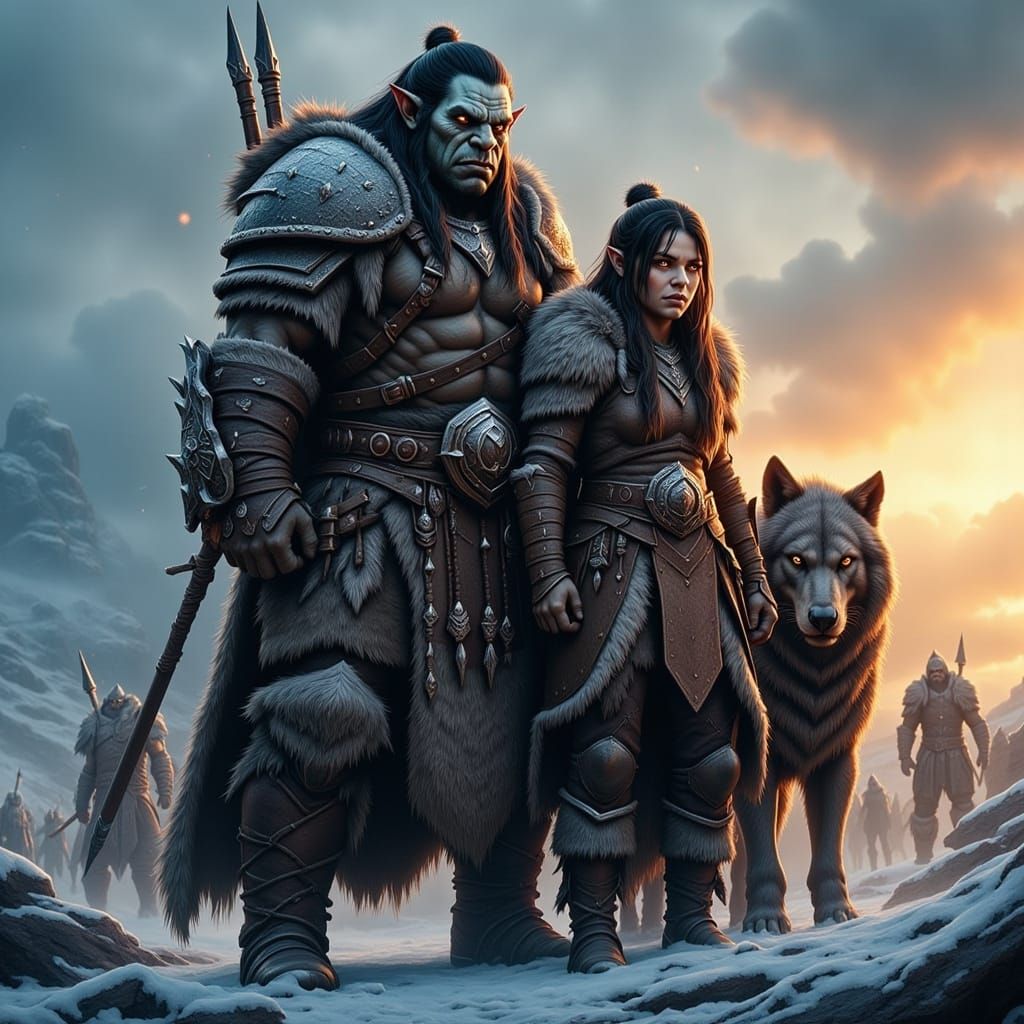 Orc Warrior and Ellie on Frozen Battlefield at Dusk