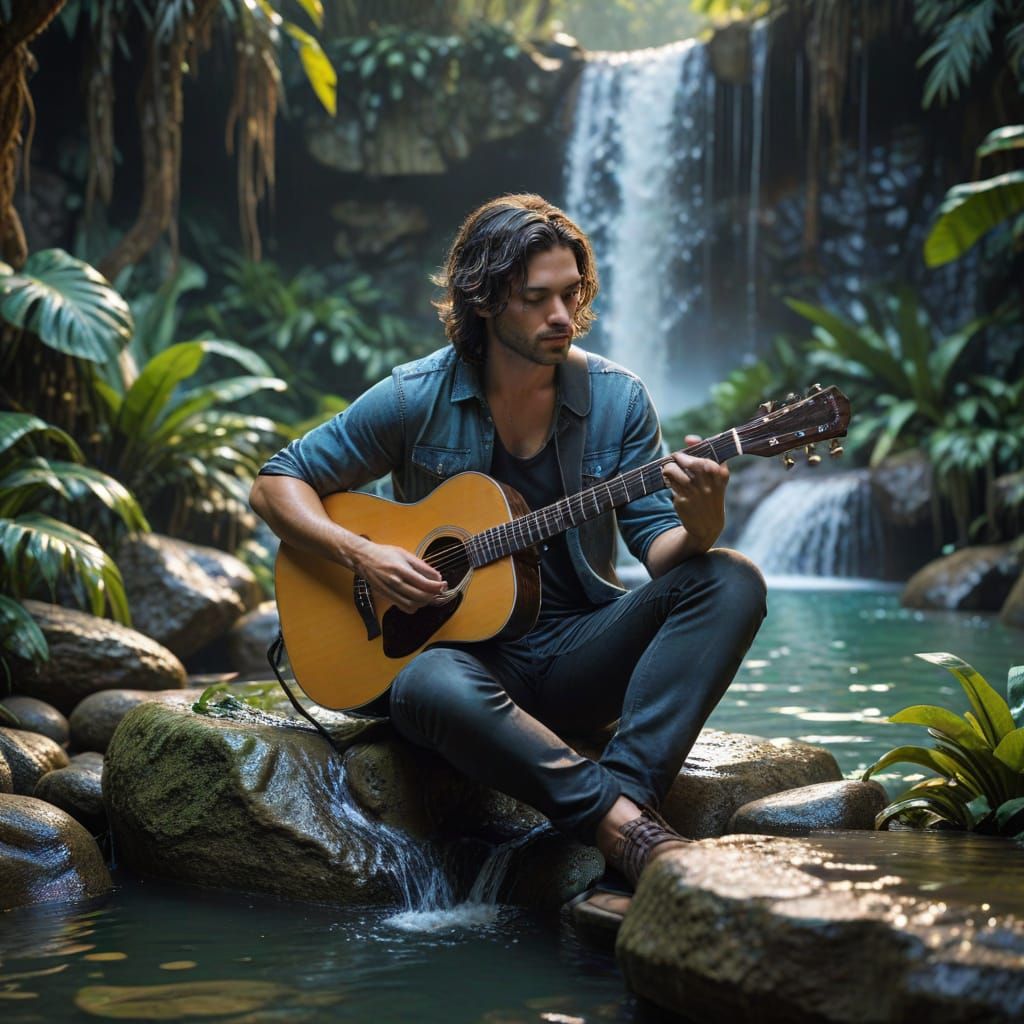 Musician Plays Guitar by Jungle Waterfall