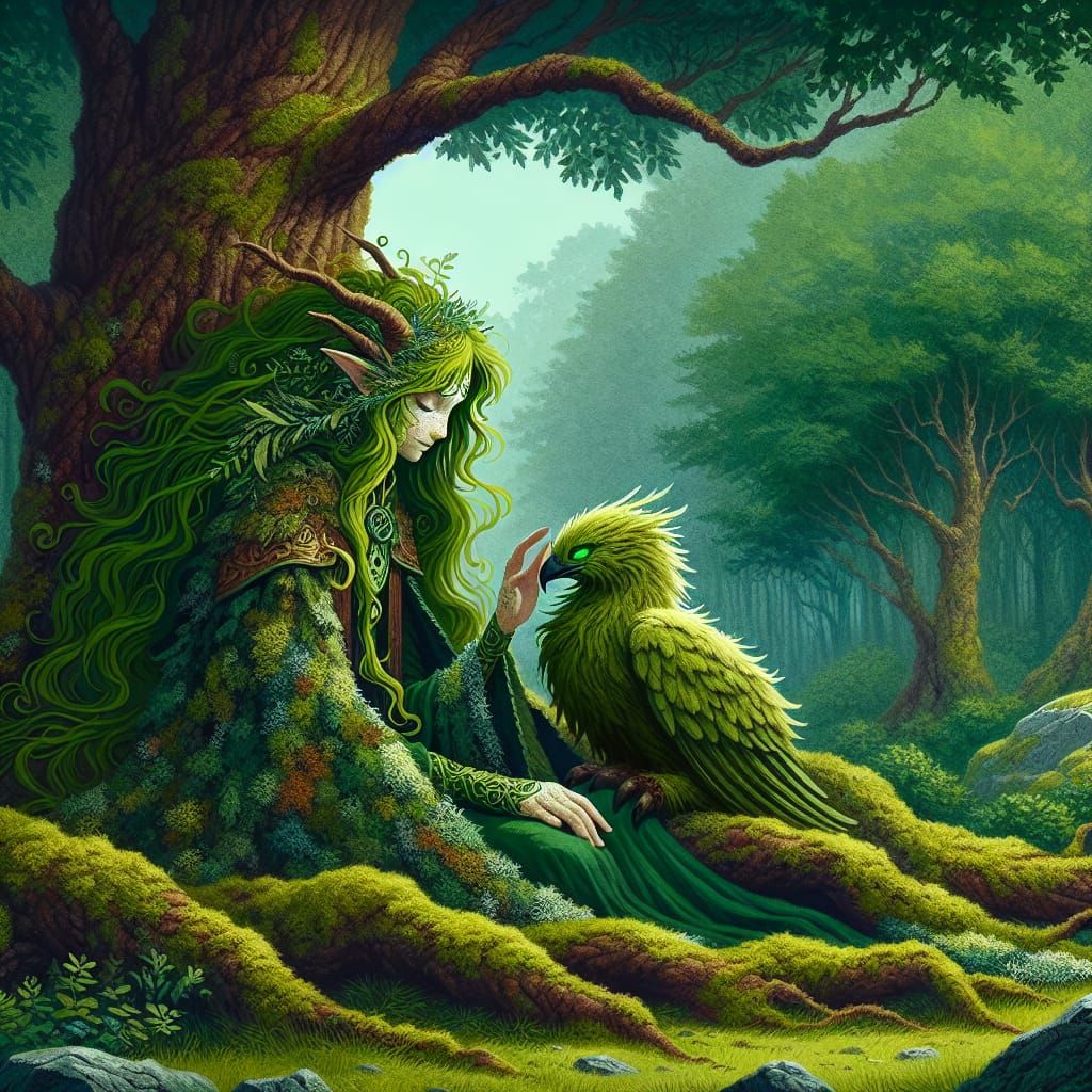 Lime-Haired Druid Girl with Gryphon: Fantasy Concept Art