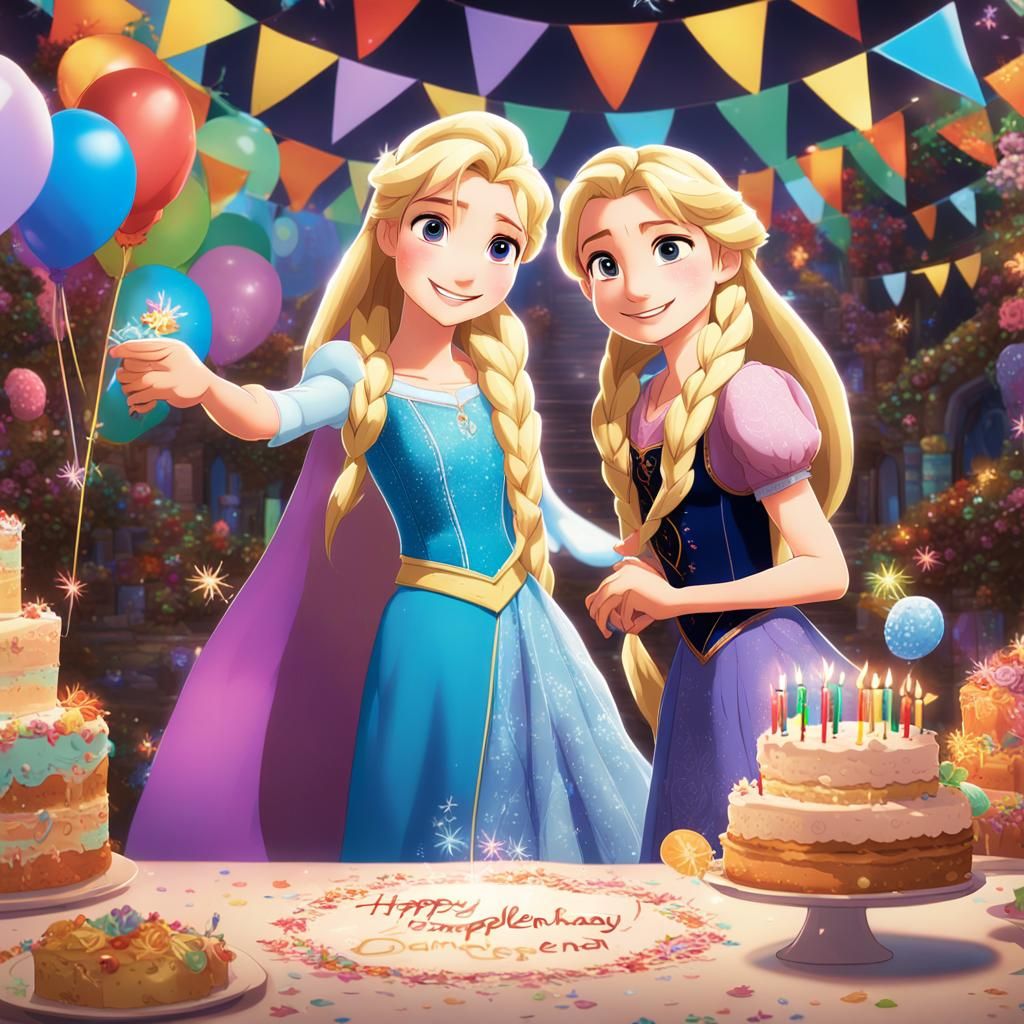 Rapunzel and Elsa Celebrate Birthday in Anime Style
