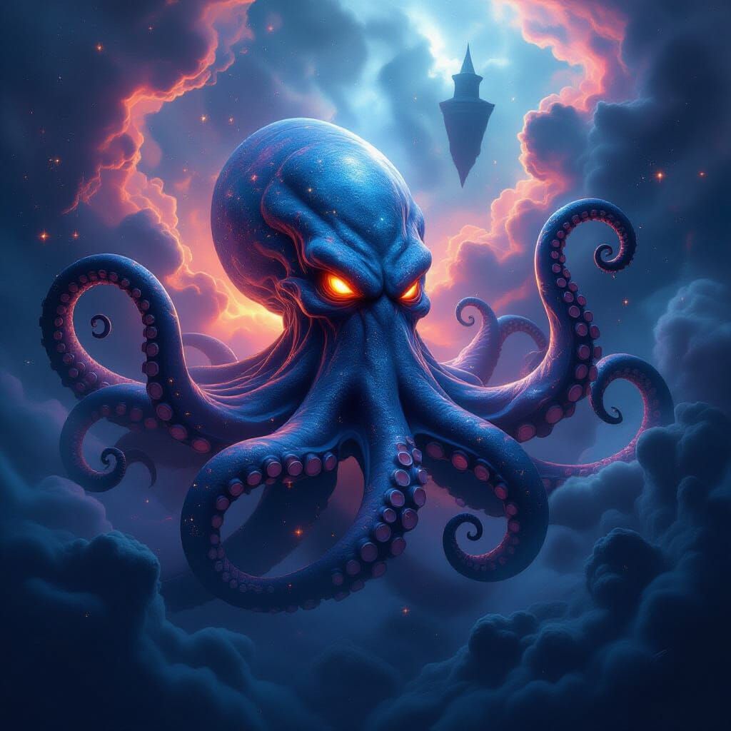 Majestic Kraken Emerges from Cosmic Nebula in 3D Shading