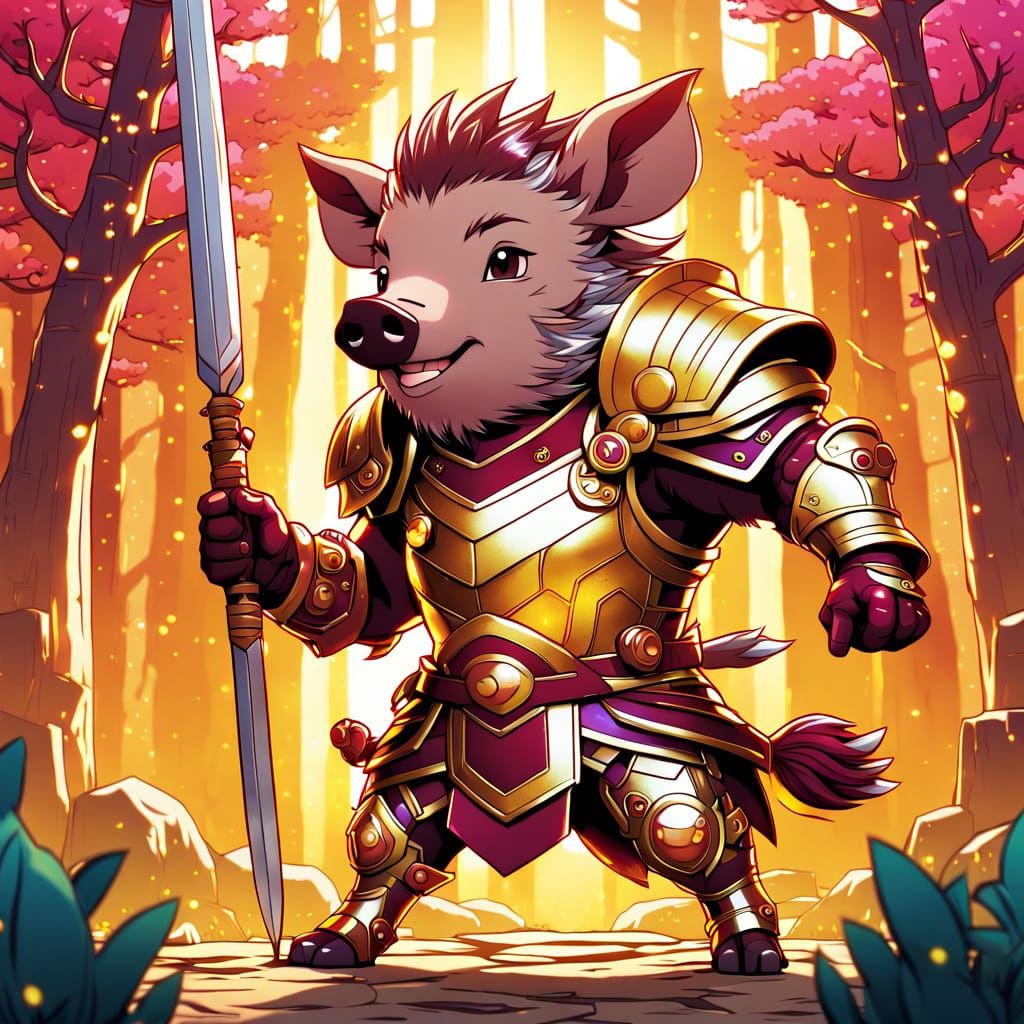 Heroic Wild Boar in Kawaii Anime Style