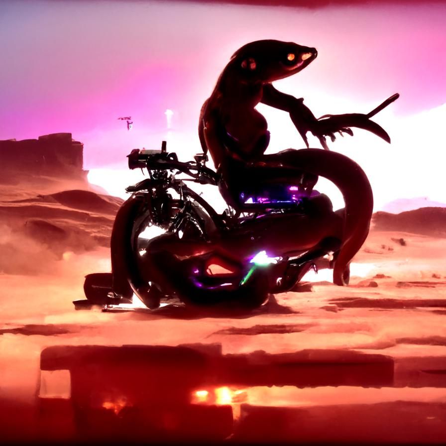 Salamander on Motorcycle in Desert Synthwave Style