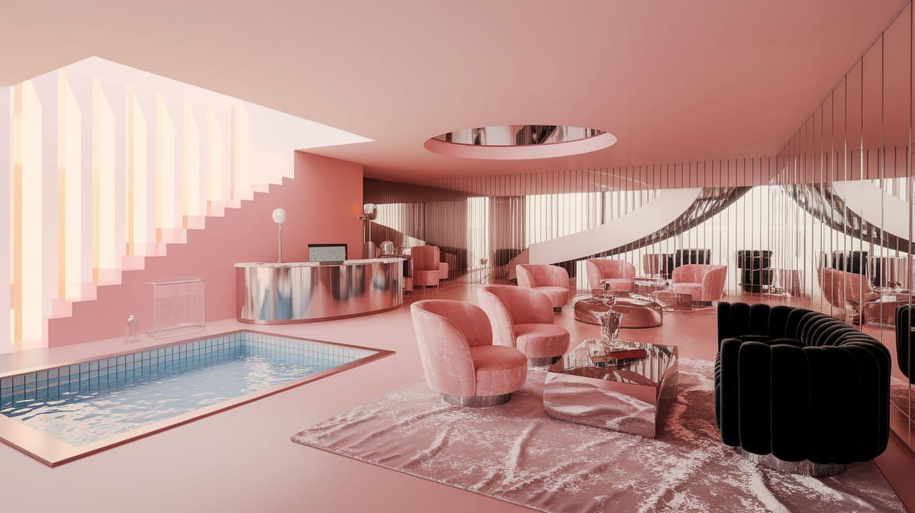 Luxurious Space Age Home Interior with Modern Pool and Bar