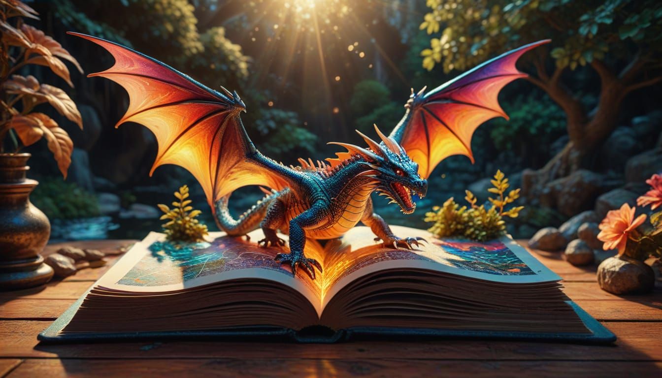 Whimsical Winged Dragon Emerges from Book Pages in Vibrant C...