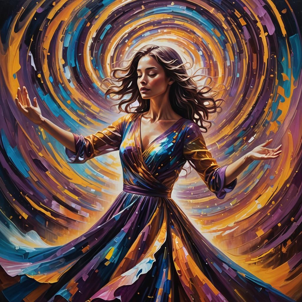 Hypnotic Girl Dancing in a Swirling Vortex as Oil Painting