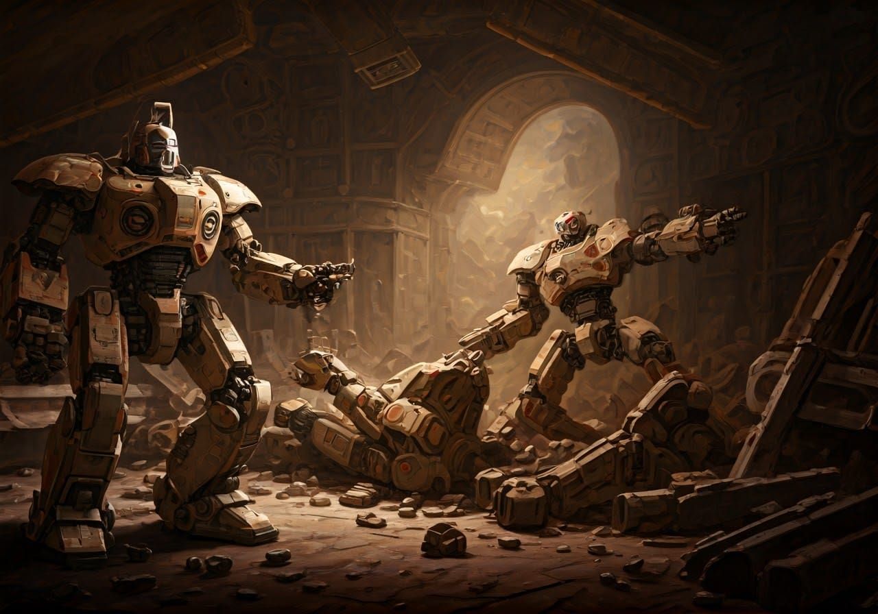 Mecha Battle in Historical Painting Style