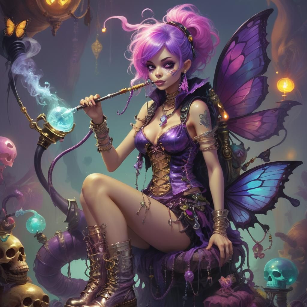 Funky Pixie with Caterpillar Companion, Fantasy Concept Art