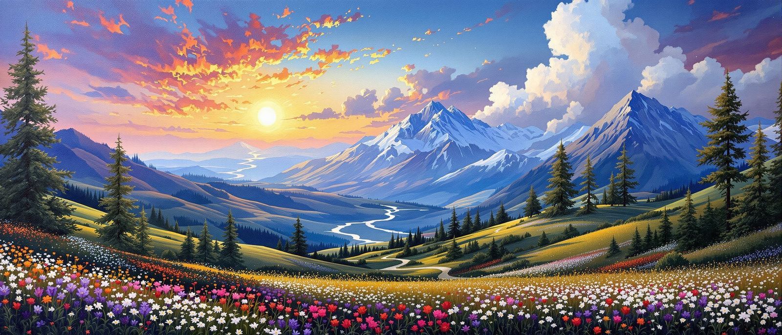 Mountain Landscape Oil Painting with Extreme Pointillism