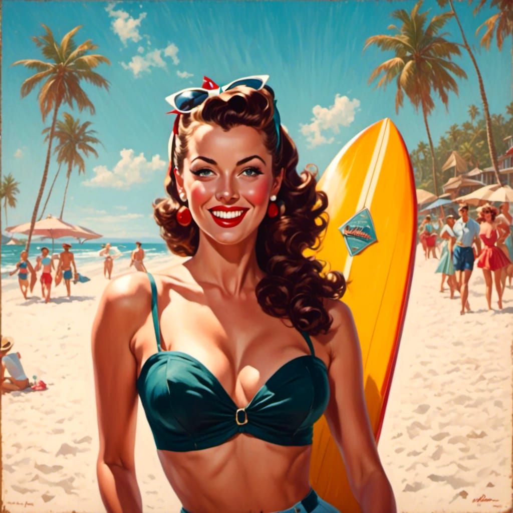Retro Pinup Girl on Longboard, Sunny Beach